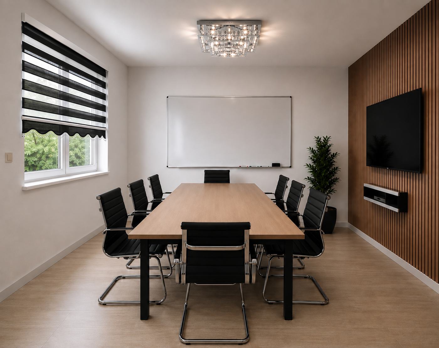 Meetingraum mit Whiteboard und großem Bildschirm